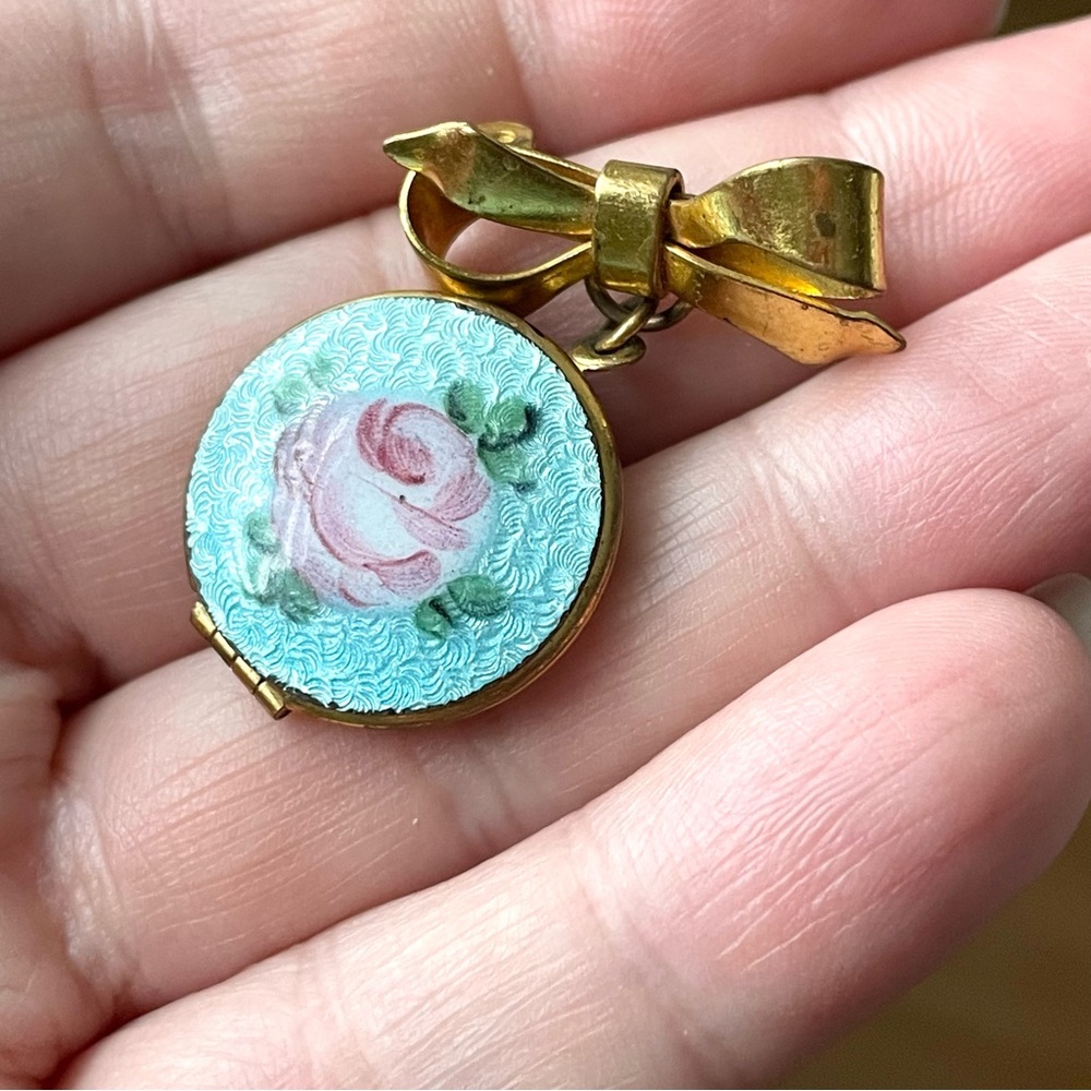 Vintage blue guilloche enamel & goldtone bow locket brooch pin romantic rose - Picture 8 of 8